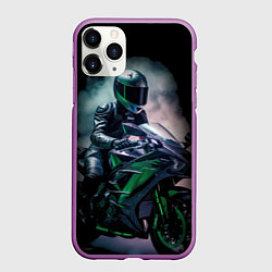 Чехол iPhone 11 Pro матовый Мотоциклист на зеленой байке, цвет: 3D-фиолетовый