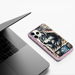 Чехол iPhone 11 Pro матовый Волк на дениме Пэчворк, цвет: 3D-розовый — фото 2