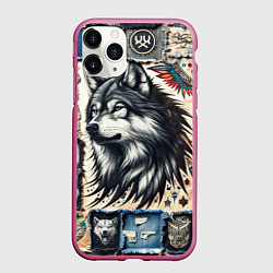 Чехол iPhone 11 Pro матовый Волк на дениме Пэчворк, цвет: 3D-малиновый