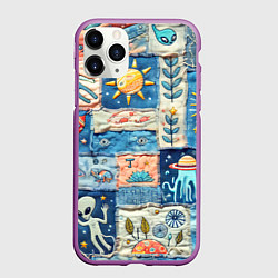 Чехол iPhone 11 Pro матовый Инопланетные обитатели на пэчворке, цвет: 3D-фиолетовый