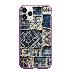 Чехол iPhone 11 Pro матовый Татуировки майя на дениме, цвет: 3D-фиолетовый