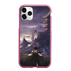 Чехол iPhone 11 Pro матовый Touhou Project Aya Шамеймару город на фоне, цвет: 3D-малиновый