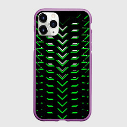 Чехол iPhone 11 Pro матовый Зелёно-белые полосы на чёрном фоне, цвет: 3D-фиолетовый