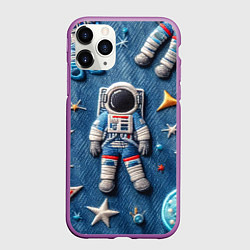 Чехол iPhone 11 Pro матовый Космонавт - вышивка по джинсе нейросеть, цвет: 3D-фиолетовый