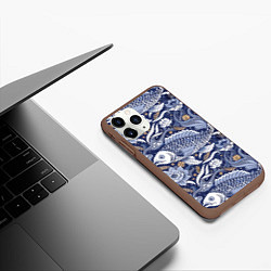 Чехол iPhone 11 Pro матовый Рыба карп - синий корейский узор, цвет: 3D-коричневый — фото 2