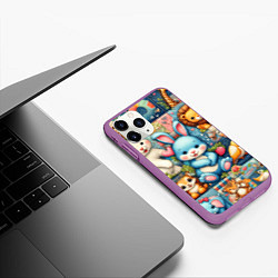 Чехол iPhone 11 Pro матовый Funny hare and his friends - patchwork, цвет: 3D-фиолетовый — фото 2