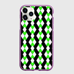 Чехол iPhone 11 Pro матовый Зелёные и белые ромбы на чёрном фоне, цвет: 3D-фиолетовый