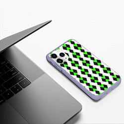 Чехол iPhone 11 Pro матовый Чёрные и зелёные ромбы на белом фоне, цвет: 3D-светло-сиреневый — фото 2