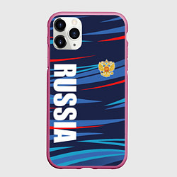 Чехол iPhone 11 Pro матовый Россия - blue stripes, цвет: 3D-малиновый