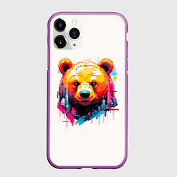 Чехол iPhone 11 Pro матовый Мишка в городе: голова медведя на фоне красочного, цвет: 3D-фиолетовый