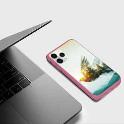 Чехол iPhone 11 Pro матовый Летящий голубь и лес эффект двойной экспозиции, цвет: 3D-малиновый — фото 2