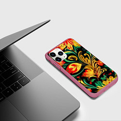 Чехол iPhone 11 Pro матовый Хохлома акварель, цвет: 3D-малиновый — фото 2