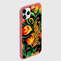 Чехол iPhone 11 Pro матовый Хохлома акварель, цвет: 3D-малиновый — фото 2