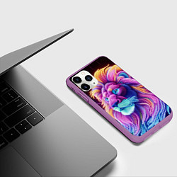 Чехол iPhone 11 Pro матовый Космический неоновый лев - нейросеть фантазия, цвет: 3D-фиолетовый — фото 2