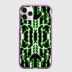 Чехол iPhone 11 Pro матовый Техно белые линии с зелёной обводкой на чёрном фон, цвет: 3D-фиолетовый