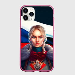 Чехол iPhone 11 Pro матовый Блондинка с косами - флаг России, цвет: 3D-малиновый