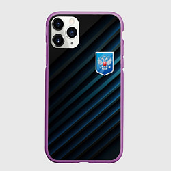 Чехол iPhone 11 Pro матовый Синяя абстракция и герб России, цвет: 3D-фиолетовый
