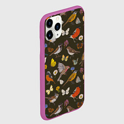 Чехол iPhone 11 Pro матовый Птицы и бабочки с цветами паттерн, цвет: 3D-фиолетовый — фото 2
