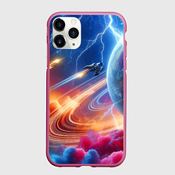 Чехол iPhone 11 Pro матовый Полёт к сатурну - нейросеть, цвет: 3D-малиновый