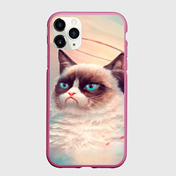 Чехол iPhone 11 Pro матовый Мемный кот Grumpy Cat с нимбом, цвет: 3D-малиновый
