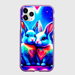 Чехол iPhone 11 Pro матовый Неоновые зайчики - любовь сердечки, цвет: 3D-фиолетовый