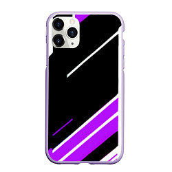 Чехол iPhone 11 Pro матовый Бело-фиолетовые полосы на чёрном фоне, цвет: 3D-светло-сиреневый
