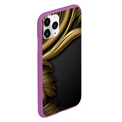 Чехол iPhone 11 Pro матовый Золотые объемные листья на черном, цвет: 3D-фиолетовый — фото 2