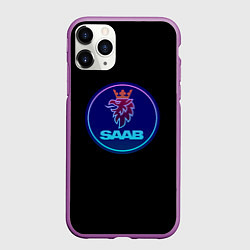 Чехол iPhone 11 Pro матовый Saab logo neon, цвет: 3D-фиолетовый