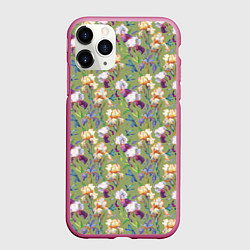 Чехол iPhone 11 Pro матовый Ирисы и стрекозы на зеленом, цвет: 3D-малиновый