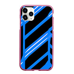 Чехол iPhone 11 Pro матовый Black and white stripes on a blue background, цвет: 3D-малиновый