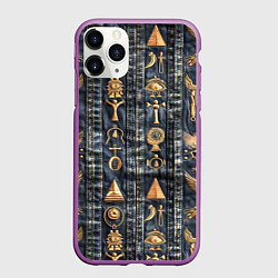 Чехол iPhone 11 Pro матовый Египетские символы на дениме, цвет: 3D-фиолетовый