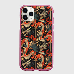 Чехол iPhone 11 Pro матовый Паттерн с драконом, цвет: 3D-малиновый