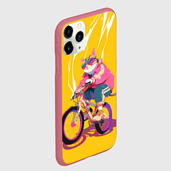 Чехол iPhone 11 Pro матовый Кот на велосипеде жёлтый фон, цвет: 3D-малиновый — фото 2