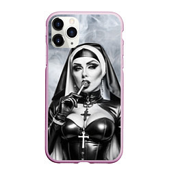Чехол iPhone 11 Pro матовый Пошлая монахиня с чупа чупсом, цвет: 3D-розовый