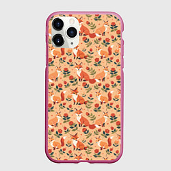 Чехол iPhone 11 Pro матовый Лисята в розах, цвет: 3D-малиновый