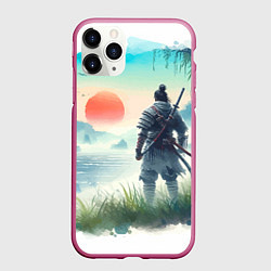 Чехол iPhone 11 Pro матовый Японский самурай на берегу горного озера, цвет: 3D-малиновый