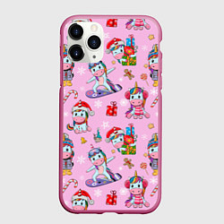 Чехол iPhone 11 Pro матовый Мультяшные единороги, цвет: 3D-малиновый