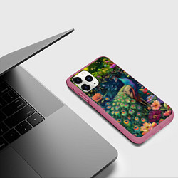 Чехол iPhone 11 Pro матовый Павлин в саду, цвет: 3D-малиновый — фото 2
