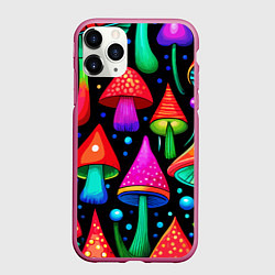 Чехол iPhone 11 Pro матовый Неоновые мухоморы в горошек, цвет: 3D-малиновый