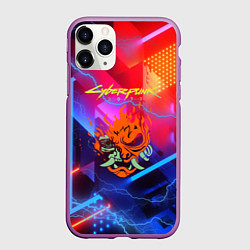Чехол iPhone 11 Pro матовый Cyberpunk logo - neon geometry, цвет: 3D-фиолетовый