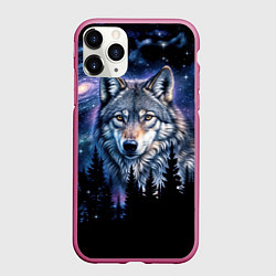 Чехол iPhone 11 Pro матовый Волк и черный лес - звездная ночь - галактика, цвет: 3D-малиновый