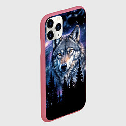 Чехол iPhone 11 Pro матовый Волк и черный лес - звездная ночь - галактика, цвет: 3D-малиновый — фото 2
