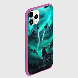 Чехол iPhone 11 Pro матовый Волки воют на луну и северное сияние, цвет: 3D-фиолетовый — фото 2