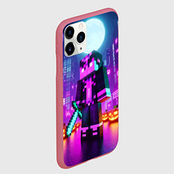Чехол iPhone 11 Pro матовый Чувак с мечом в неоновом городе - Майнкрафт, цвет: 3D-малиновый — фото 2