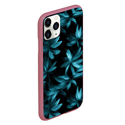 Чехол iPhone 11 Pro матовый Размытые сине-зеленые цветы на черном фоне, цвет: 3D-малиновый — фото 2