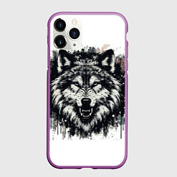Чехол iPhone 11 Pro матовый Гранж - Портрет волка: голова, цвет: 3D-фиолетовый