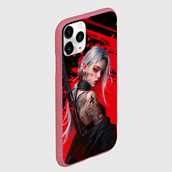 Чехол iPhone 11 Pro матовый Татуированная девушка аниме с катаной, цвет: 3D-малиновый — фото 2
