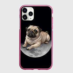Чехол iPhone 11 Pro матовый Мопс и луна, цвет: 3D-малиновый