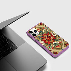 Чехол iPhone 11 Pro матовый Русский орнамент цветка и узоры, цвет: 3D-фиолетовый — фото 2