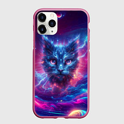 Чехол iPhone 11 Pro матовый Морда космического кота - неоновое свечение, цвет: 3D-малиновый